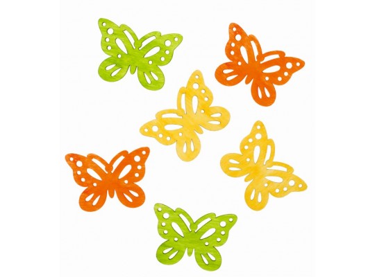 Dřevěný motýl barevný oranžový/zelený/žlutý 6cm - 6 ks