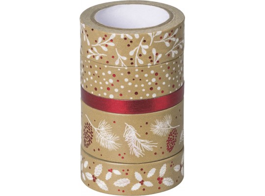 Papírová páska Washi Tape přírodní Vánoce červená-5ks