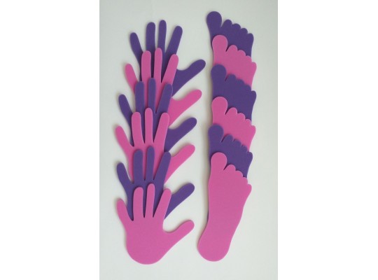Značka pěnová ruka/noha fialová/růžová - 12 ks