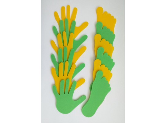 Značka pěnová-ruka/noha-zelená/žlutá-12ks