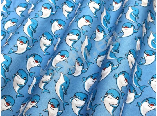 Dekorační bavlněná látka modrá š.150 x 100 cm potisk dětský - delfín