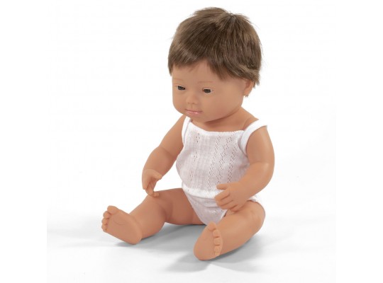 Realistická panenka vinyl kluk Downův syndrom 38 cm