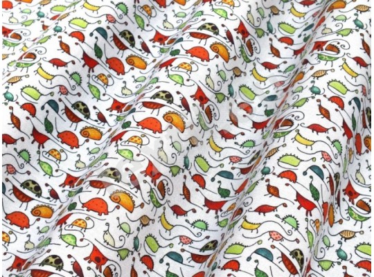 Látka dekorační-bavlna-š.150cm-potisk-dinosaurus-bílá/červená/oranžová/zelená-metráž
