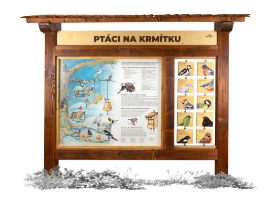 Informační tabule naučná dřevěná venkovní - Ptáci na krmítku M - prvek edukační