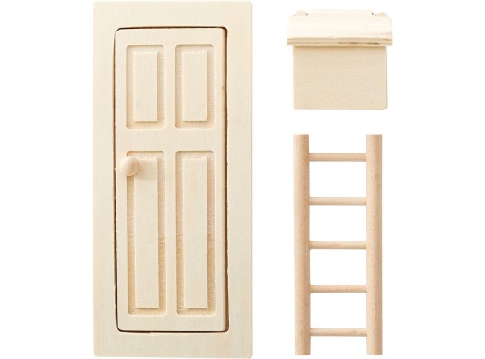 Dřevěný nábytek mini - dveře, poštovní schránka, žebřík - set 3 ks