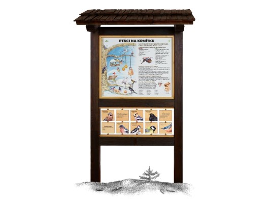 Informační tabule naučná dřevěná venkovní - Ptáci na krmítku L - prvek edukační